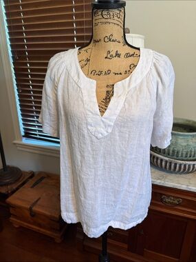 J. Crew White Linen Split V-Neck Blouse